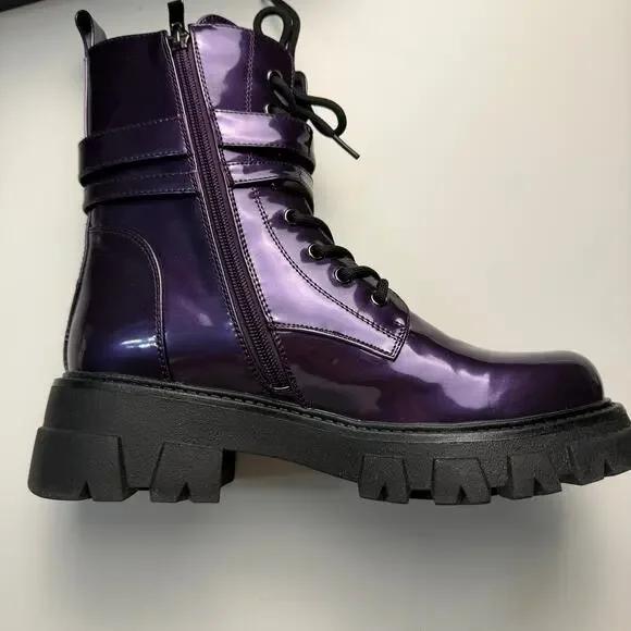 Women Combat Boots Lace Up Buckle Lug Sole Ankle Biker Boots - Picture 3 of 12